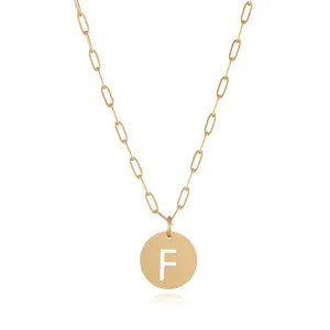 Gold-plated stainless steel paperclip chain necklace with a circular cut-out letter F pendant.