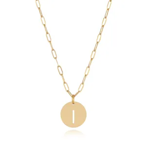 Gold stainless steel paperclip chain necklace with a cut out letter I pendant for women.