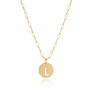 Gold paperclip chain necklace with initial letter L cutout pendant, delicate daily jewelry.