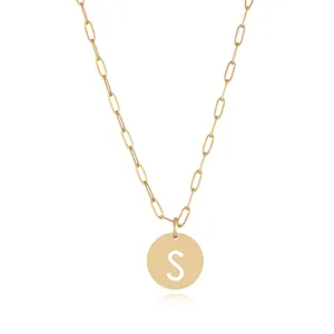 Gold stainless steel paperclip chain necklace with a cutout letter S round pendant detail.