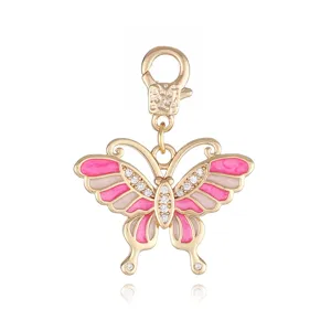 Colgante de mariposa bañado en oro con esmalte rosa y circonita para manualidades de joyería DIY.