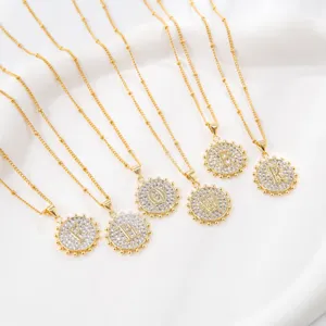 European Personality Zirconia Letter Pendant Necklace For Women Gold Plated Alloy Sun Medallion Bead Chain Clavicle Necklace