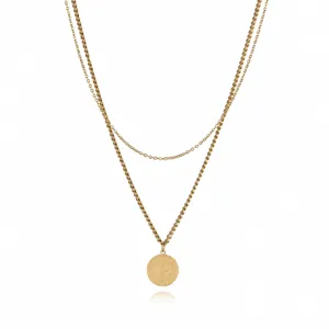 Stainless steel double layer necklace featuring letter C pendant, stylish gold clavicle chain.