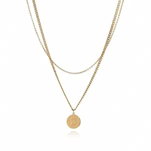 Gold stainless steel double layer letter D pendant necklace stylish clavicle chain