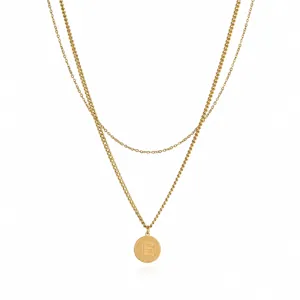 Double layer gold stainless steel letter E pendant necklace trendy clavicle chain jewelry