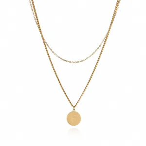 Gold layered initial necklace with letter F pendant, stylish stainless steel clavicle chain.
