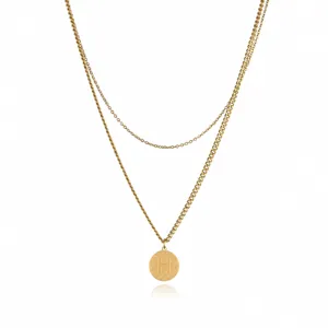 Stainless steel double layer initial necklace with letter H coin pendant for women trendy.