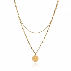 Detailed view of the double layer gold stainless steel letter J pendant necklace closeup.