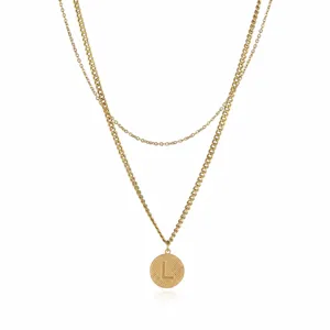 Gold stainless steel double layered initial letter L pendant necklace for women fashion