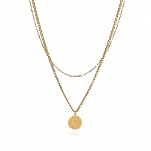 Double layer chain necklace with letter O pendant, stylish stainless steel jewelry for women.