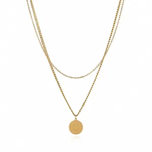 Gold layered initial necklace with letter U pendant, stainless steel double chain jewelry.