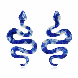 Exaggerated blue marbled acrylic snake earrings for women, unique long statement jewelry pieces.
