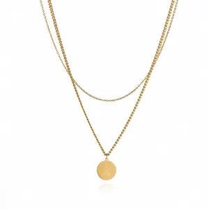Gold double layer stainless steel chain necklace with initial letter X round pendant jewelry.