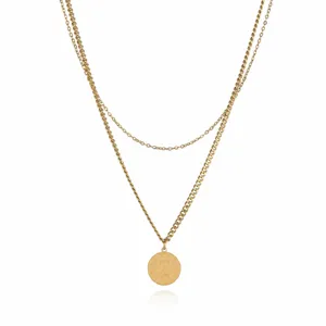 Detail shot of double layer stainless steel necklace with initial Z pendant for women.