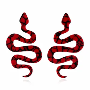 Bold red black snake acrylic earrings for women, unique long statement jewelry drop gift.