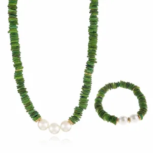 Handgemachte grüne Muschelscheiben Perlen Halskette Armband Schmuck Set für Damen, schick.