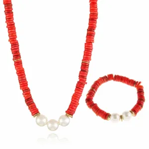 Rote Muschelperlen und weiße Perlen Halskette Armband Schmuck Set Damen Mode