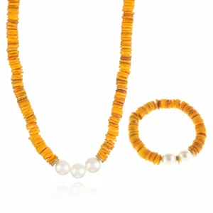 Handgemachte orange Muschelperlen Halskette Armband Schmuck Set fuer Damen Strand