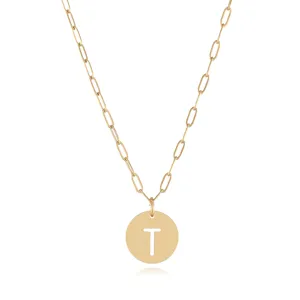 Stainless steel gold paperclip chain necklace with cutout letter T pendant for women daily wear.