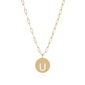 Gold stainless steel paperclip chain necklace with a hollow letter U pendant for women.