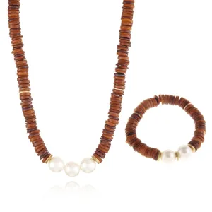 Handgemachte Muschel Perlen Halskette Armband Set, boho Holzscheiben Perlen Schmuck.