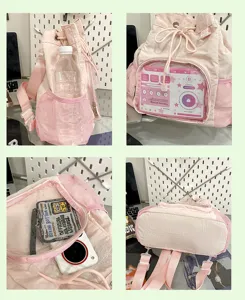 Borsa ita rosa con coulisse e finestra trasparente, zaino casual carino per uso quotidiano.