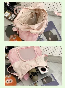 Zaino ita rosa con coulisse e finestra trasparente, zaino casual carino per donne e ragazze.