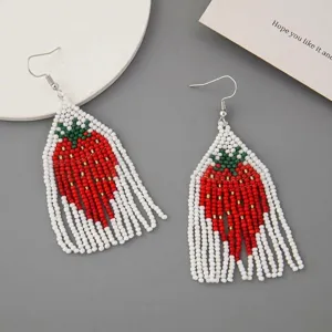 Handmade beaded strawberry fringe earrings summer ethnic style creative drop earrings for women