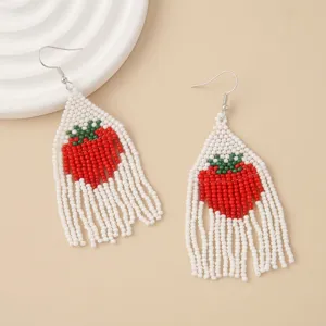 Handmade beaded strawberry tassel earrings, summer bohemian style dangling drop earrings for women.