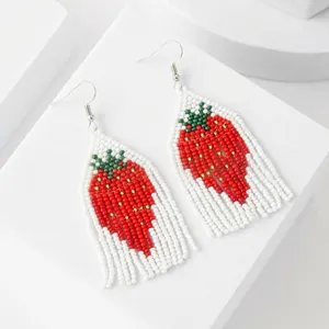 Handmade beaded strawberry tassel earrings, ethnic style summer fruit dangle jewelry for women.