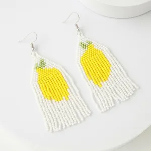 Handmade beaded lemon fringe earrings, bohemian summer fruit drop earrings for women.