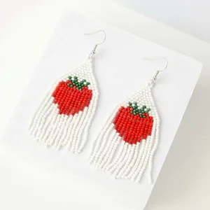 Handmade beaded strawberry tassel earrings, ethnic style summer fruit dangle earrings for women.