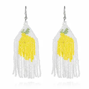 Handmade Beaded Tassel Earrings Lemon Fruit Design Summer Boho Jewelry for Women Gifts