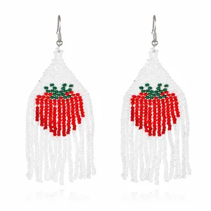 Handmade beaded strawberry tassel earrings with ethnic style for summer fashion.