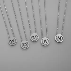 Hip Hop Stainless Steel Box Chain Sliding Alphabet Pendant Necklace Trendy Hollow Initial Round Clasp Letter Necklaces for Women Men Jewelry
