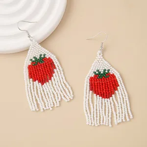 Hand Woven Fruit Tassel Dangle Earrings Seed Bead Strawberry Watermelon Lemon Apple National Style Summer Jewelry Women