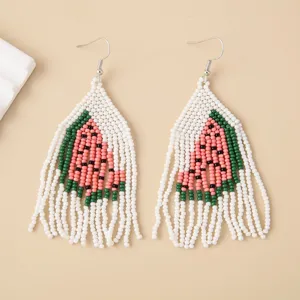 Handmade beaded watermelon fringe earrings, summer fruit dangle drop earrings for women.