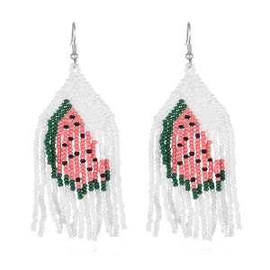 Handmade beaded watermelon fringe earrings bohemian summer fruit dangle earrings for women.