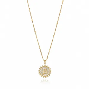 Gold plated initial letter necklace with sparkling cubic zirconia sun pendant for women.