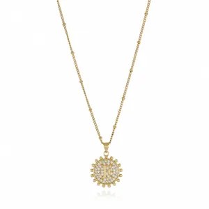 Detail shot of gold letter F pendant necklace, paved zirconia rhinestones, delicate beaded chain.