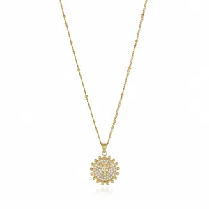Gold-colored chain necklace featuring a rhinestone paved round letter T pendant for women.