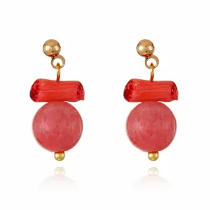 Elegant red gemstone dangling earrings featuring gold-tone metal beads for women daily wear.