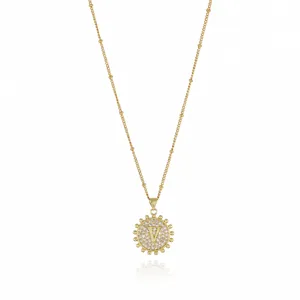 Gold full diamond letter V pendant necklace for women, exquisite zircon clavicle chain.