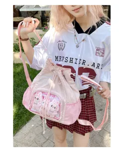 Zaino Ita rosa con finestra trasparente, zainetto kawaii con coulisse per spille e stile.