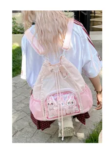 Zaino con coulisse rosa con tasca trasparente frontale e adorabili coniglietti peluche.