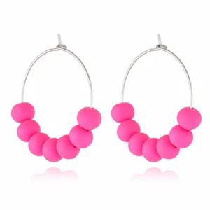 Minimalist pink bead hoop earrings for women, sweet candy color bohemian fashion jewelry.