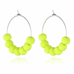 Neon yellow clay bead hoop earrings for women, simple candy color circle ear jewelry detail