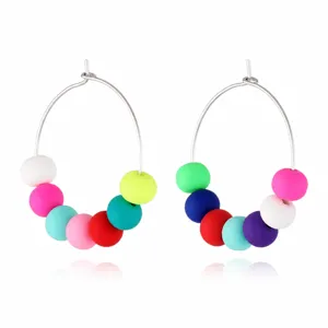 Boho colorful polymer clay bead hoop earrings for women, simple candy color circle jewelry.