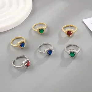Fashion color heart cubic zirconia open adjustable rings wholesale for women daily wear jewelry