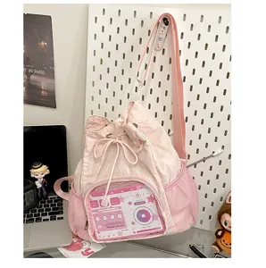 Zaino ita rosa con coulisse e tasca frontale trasparente, zaino casual in nylon leggero.